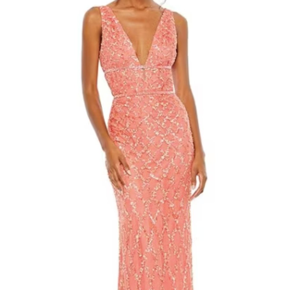 Mac Duggal Sequined Deep V-Neck Sleeveless Gown